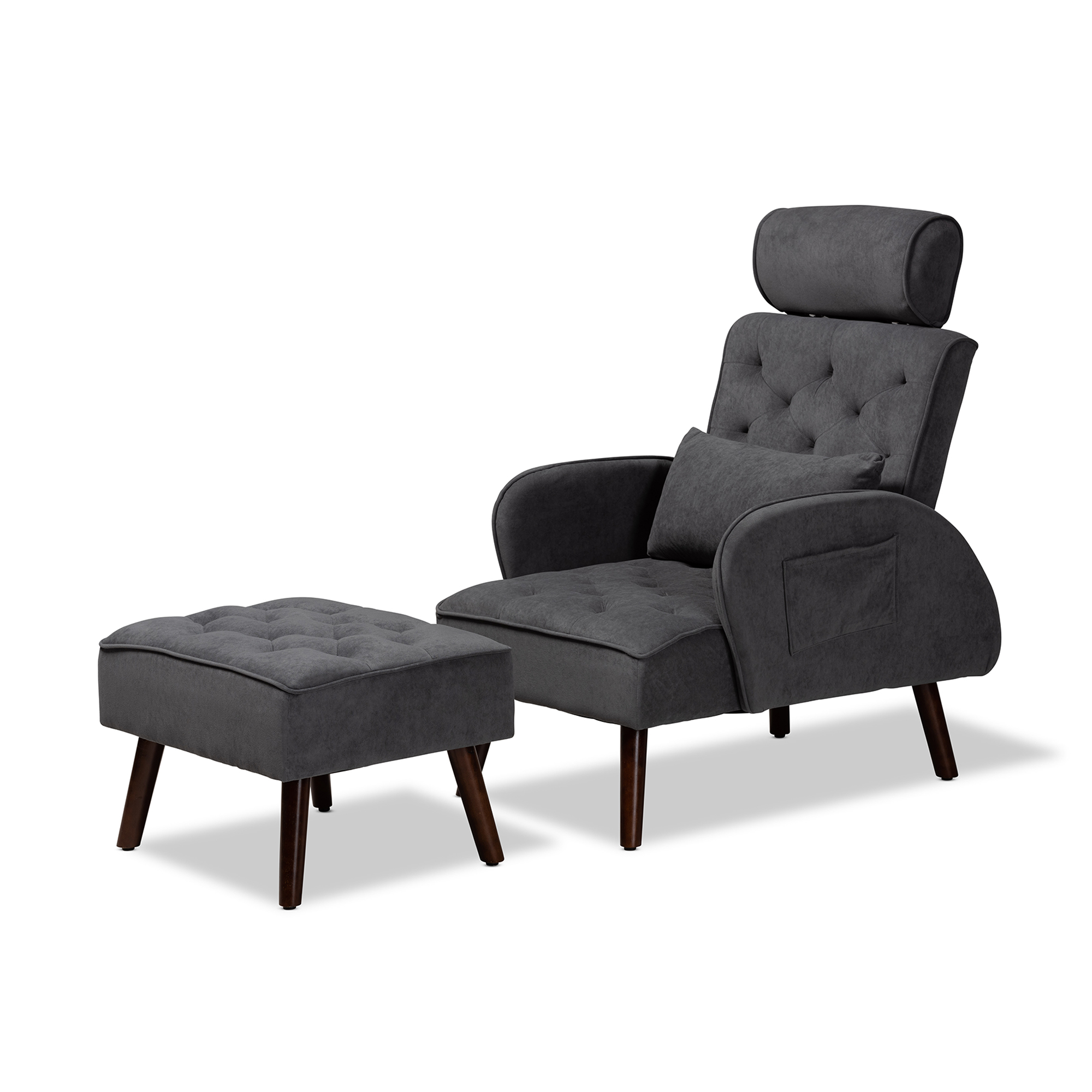 Baxton Studio Haldis Modern and Contemporary Grey velvet Fabric Upholstered and Walnut Brown Finished Wood 2-Piece Recliner Chair and Ottoman Set Affordable modern furniture in Chicago, classic living room furniture, modern chair and ottoman, cheap chair and ottoman
